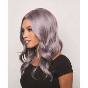 model wearing the purple divine wavez wig
